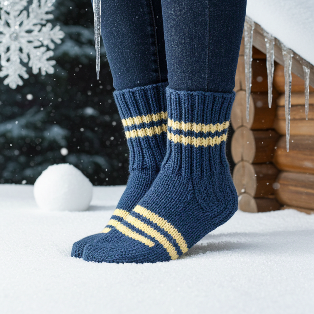 Siniset villasukat valkoisilla raidoilla