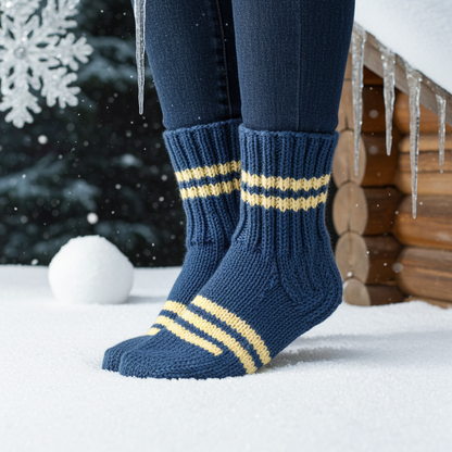 Siniset villasukat valkoisilla raidoilla